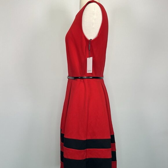 Calvin Klein Dress Fit Flare Cocktail Pleated Belted Red Black Women’s 6 NWT - Picture 2 of 8